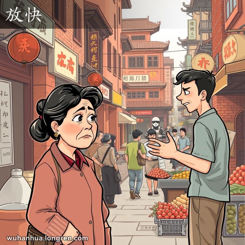 一位中年妇女在武汉街市摊位前，对一个随意说话的年轻人表示不满，背景是武汉老街景