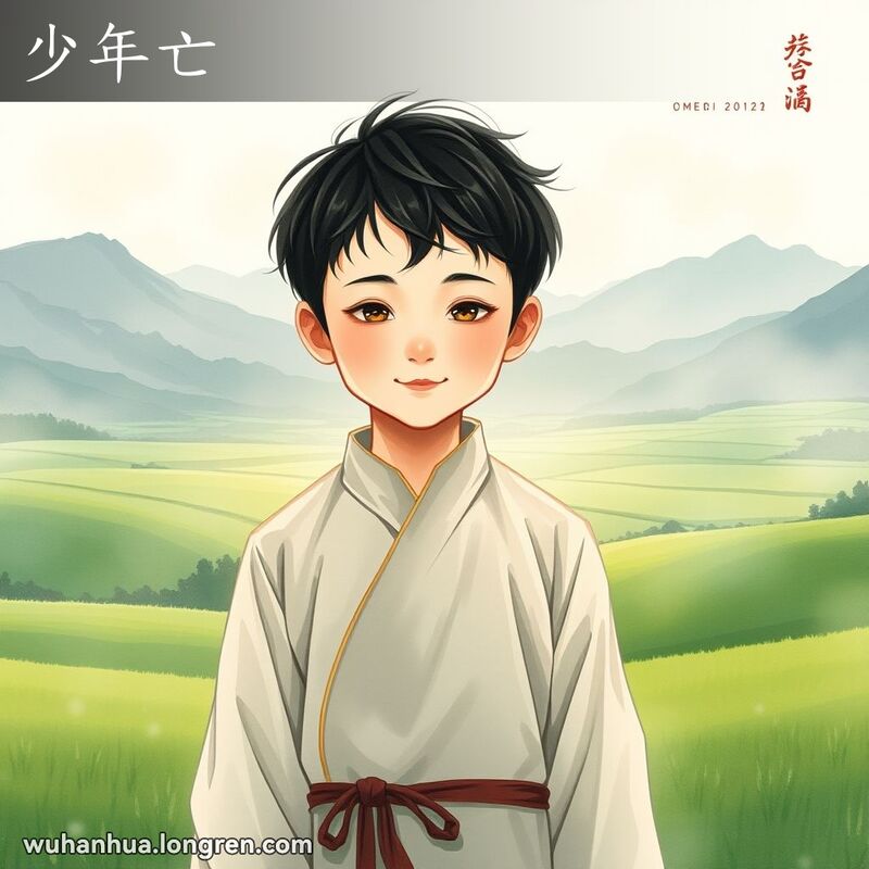 一位身穿传统服饰的少年站在宁静的乡村田野中，背景是苍翠的山脉和田野，象征着短暂而美好的青春。