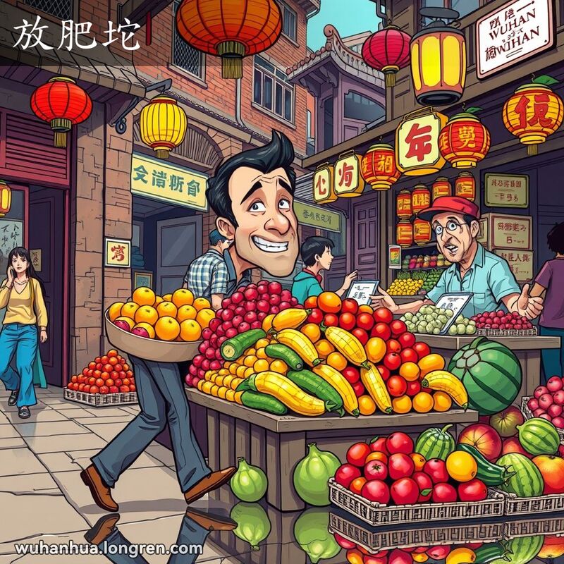 一个男子在武汉市场放下水果离开，摊主显得惊讶和失望，背景是传统的武汉建筑。