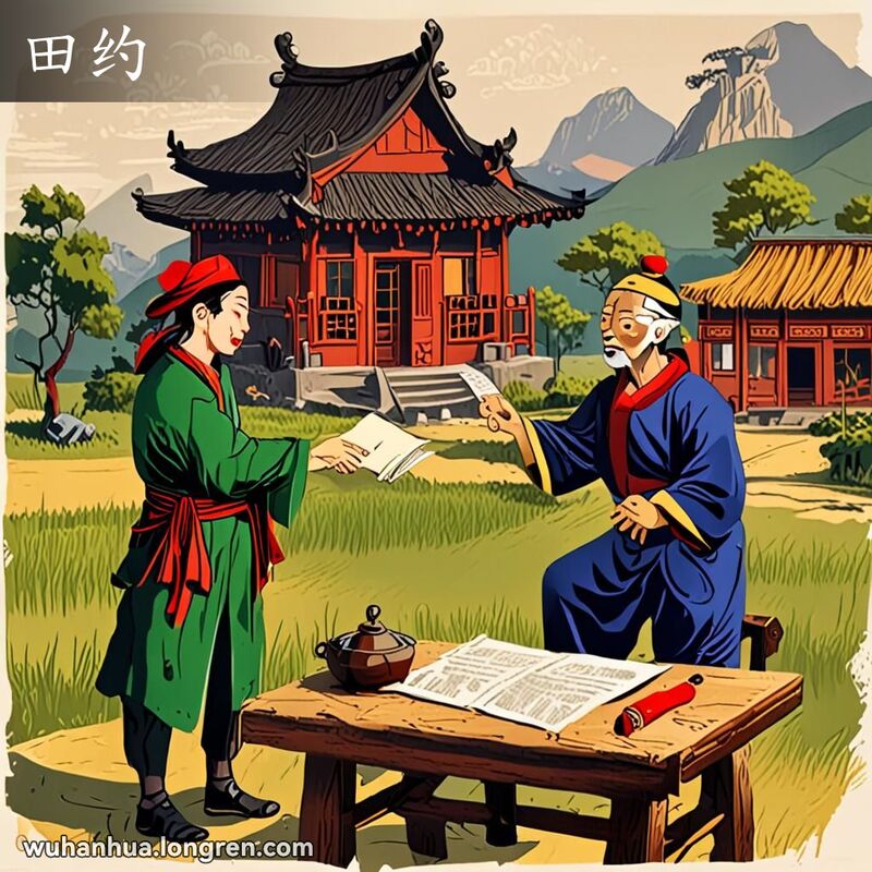 两位农民在农村背景下，站在木桌旁，桌上有带红色印章的旧黄纸文件，象征田地买卖的契约，农民们握手达成协议