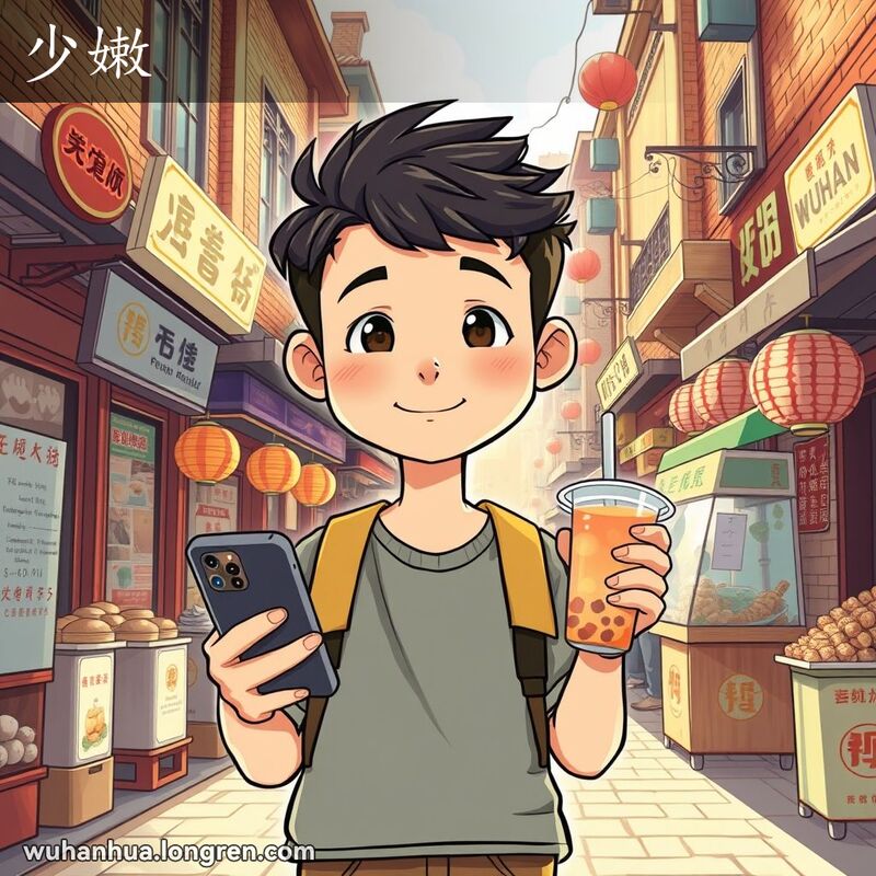 一位年轻男子站在武汉街市前，手持智能手机和奶茶，表情天真稚嫩，背景是武汉老街景