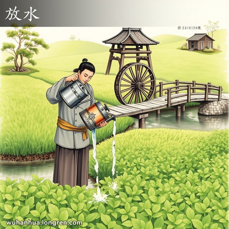 一位穿着传统服饰的男子在田间用水壶浇水，背景有绿色田野、小池塘和传统水车，展现“放水”的场景。