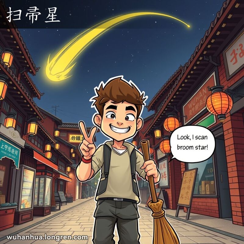 夜晚的武汉老街，一个年轻人手持扫帚指着天空中的彗星，背景有老建筑和灯笼。