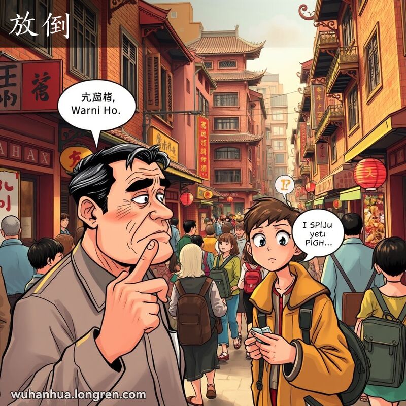 武汉街头，一位中年男子对年轻人说“放倒”，背景是武汉老街景