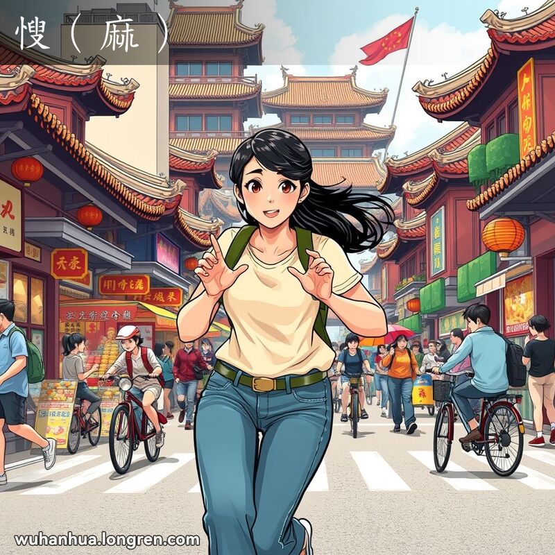 一位年轻的武汉女子在街道上迅速行动，展示敏捷和灵活的动作，背景是武汉的传统街景
