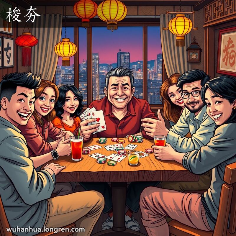 一群朋友围坐在桌旁玩“梭夯”扑克游戏，桌上有筹码和扑克牌，背景是武汉居民环境
