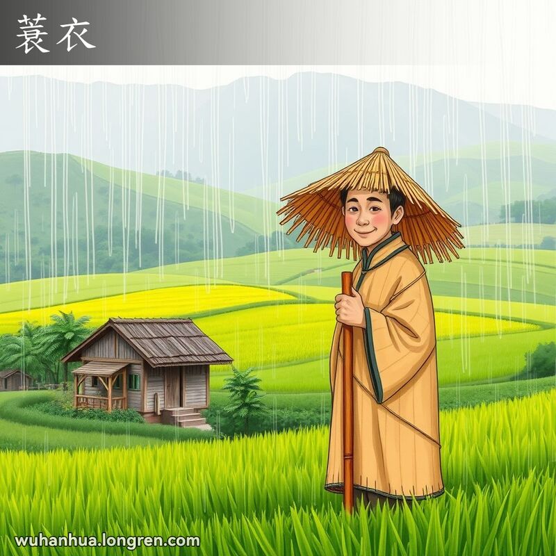 一位武汉农民在雨中穿着蓑衣，手持农具，背景是绿油油的田野和传统木屋