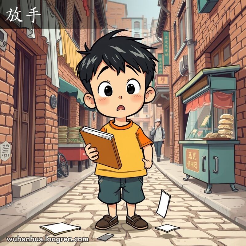 一个小男孩在武汉老巷子里，手中的书正从他松开的手中滑落，背景是武汉老街景