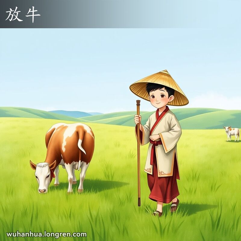 一个穿着传统服饰的小男孩在田野中放牛，牛在吃草，背景是山丘和蓝天