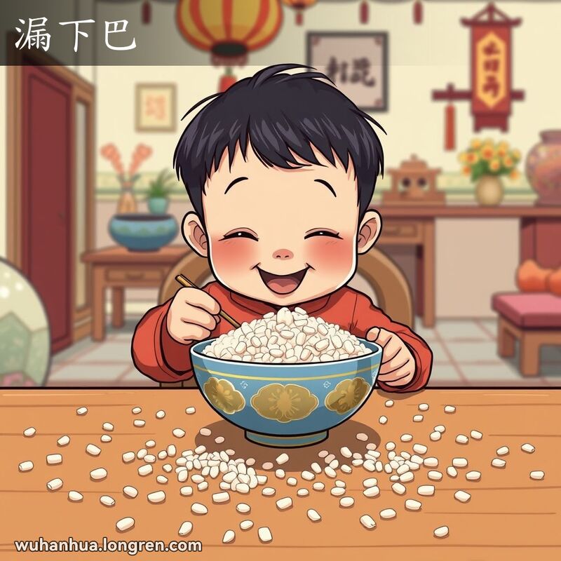 一个小孩在吃饭时米粒撒得到处都是，表情天真无邪，背景是温馨的家庭环境
