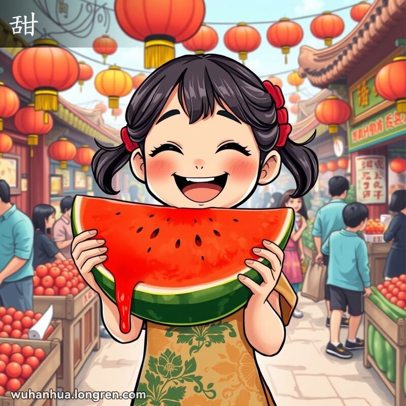 一位武汉女孩在市场中手持西瓜，露出享受甜美滋味的笑容，背景是传统市场景象。