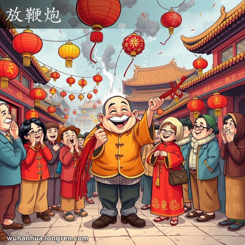 武汉市民在春节期间燃放鞭炮，老人点燃鞭炮，周围人们兴奋观看，背景有彩灯和节日装饰