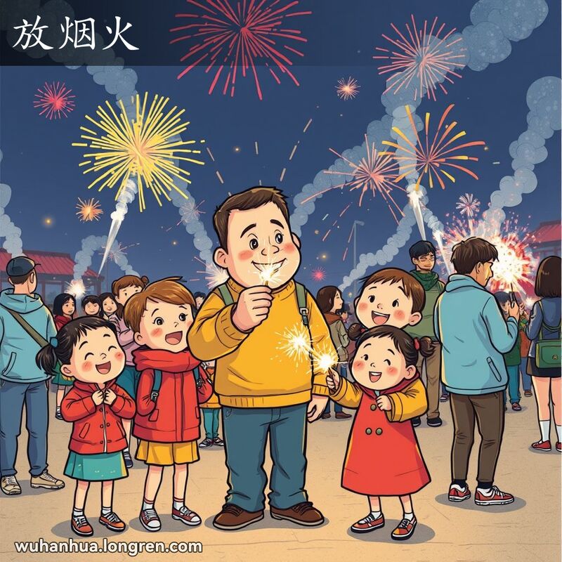 武汉夜晚，一群人在公园燃放烟花，孩子们兴奋地围观，背景是绚丽的烟花和节日氛围。