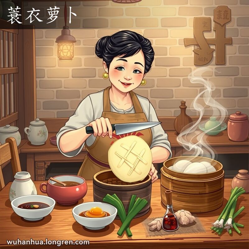 一位中年妇女在厨房中准备蓑衣萝卜，手持刀具切割萝卜，背景是传统中国厨房。