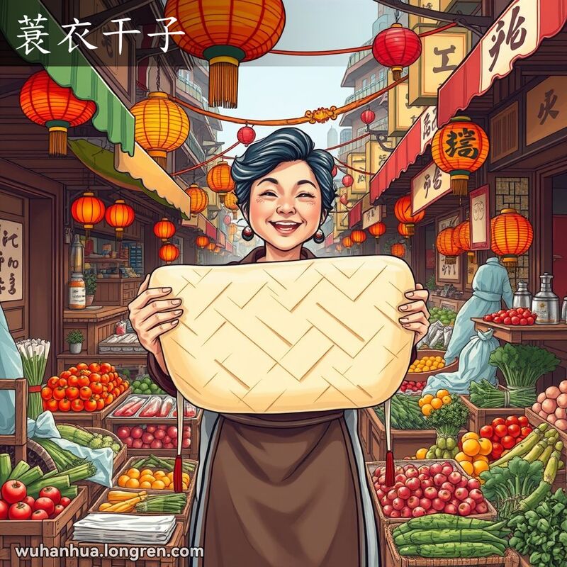 武汉街市摊位上，摊主展示一种特别切割的豆腐，背景有其他摊位和顾客。