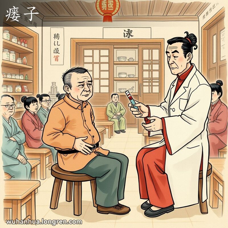 一位中年男子在中医诊所里，指着腰部表示不适，医生手持瘘管检查，背景有其他病人等待