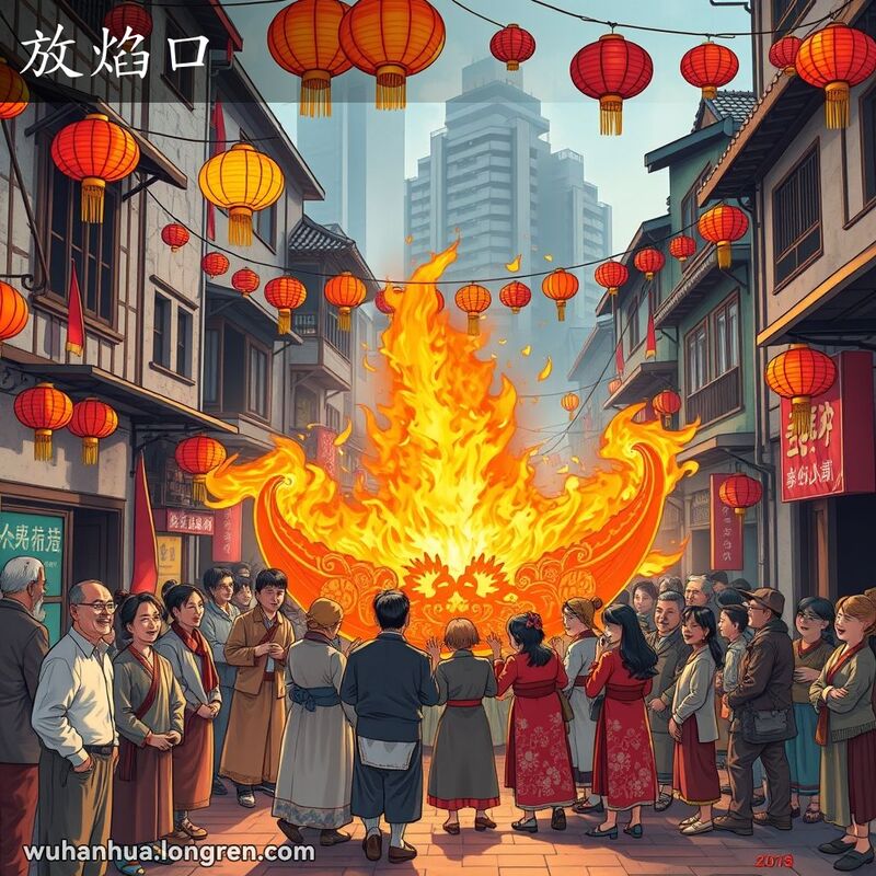 武汉盂兰盆会场景，市民围绕燃烧的纸船，背景是老街和现代建筑