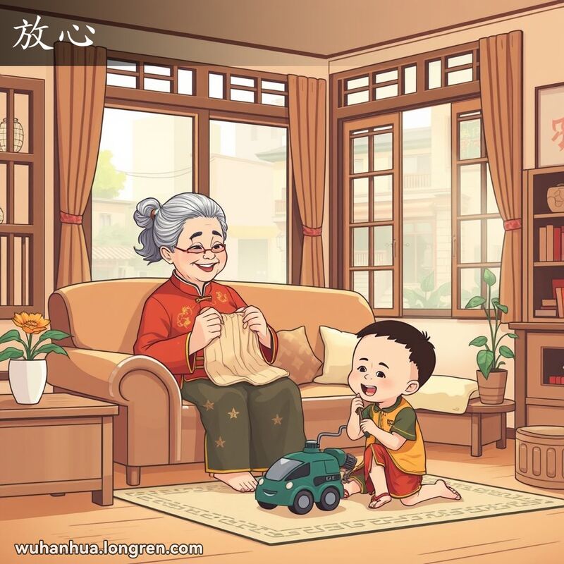 奶奶在客厅织毛衣，孙子在地上玩玩具车，奶奶脸上露出放心的表情，背景是温馨的家庭场景。