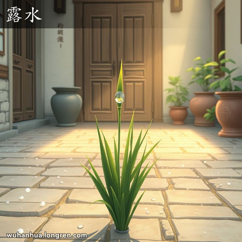 武汉传统庭院清晨，地面布满露珠，一根草上顶着一颗露珠，背景有木门和瓦罐。