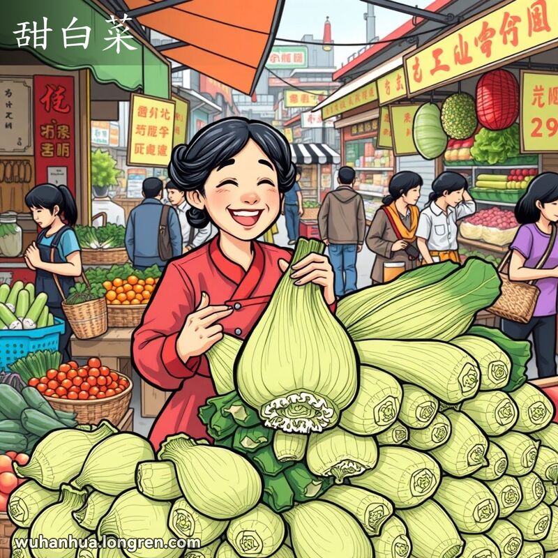 武汉露天市场，妇女手持莙荙菜，背景有其他摊位和顾客
