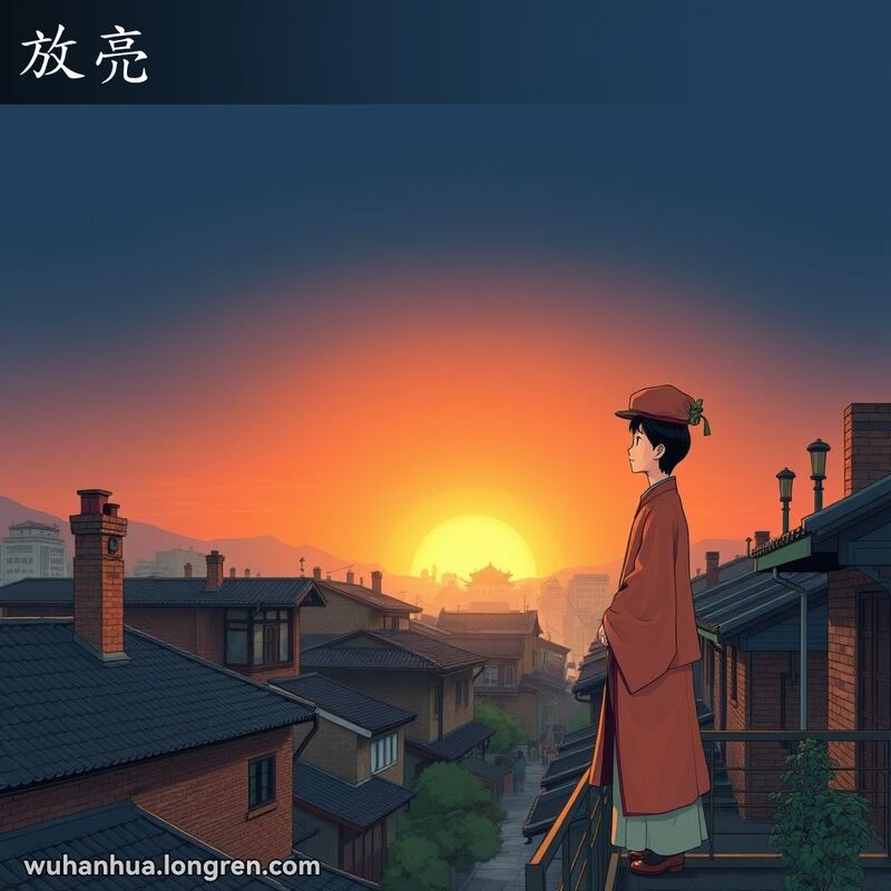 武汉老街区清晨，天空逐渐变亮，居民站在阳台上望着黎明的到来。