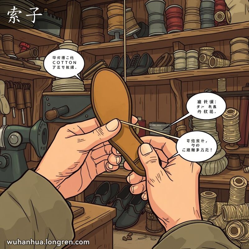 一双手在鞋匠工作坊中用粗棉线‘索子’缝制鞋底，背景有缝纫机和鞋子