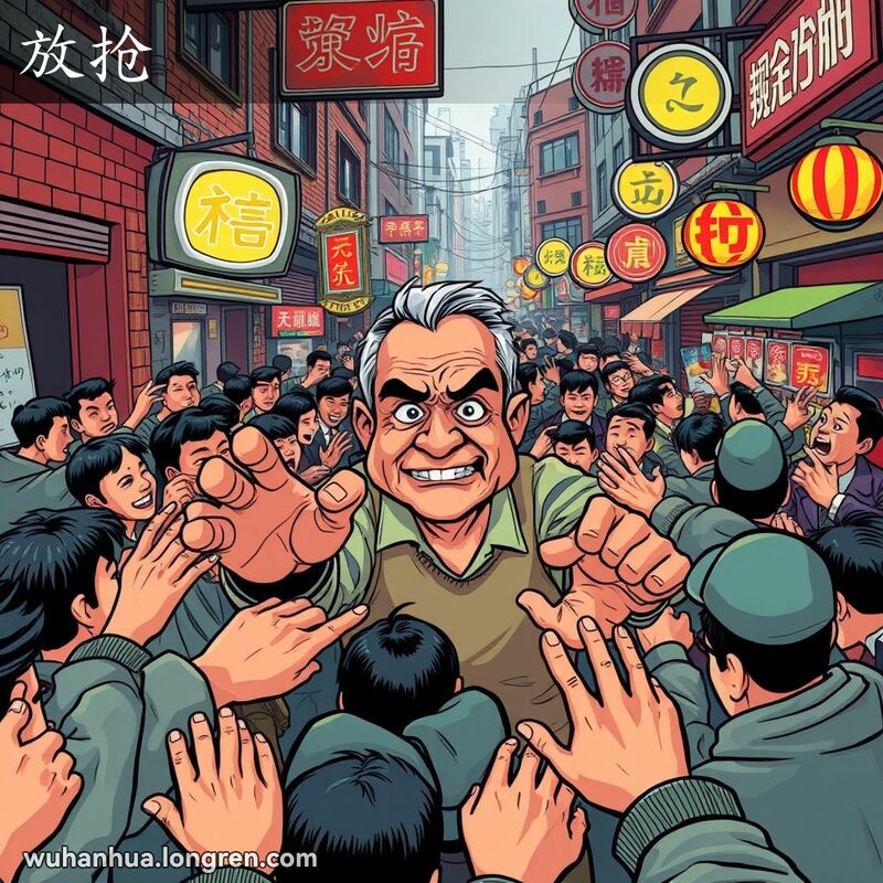武汉市场中人们争抢商品，商贩无奈的场景，背景是武汉老街景
