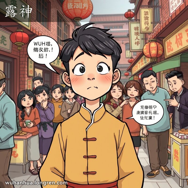 一个人在武汉街市中无意间泄露秘密，背景有好奇的旁观者和老街景