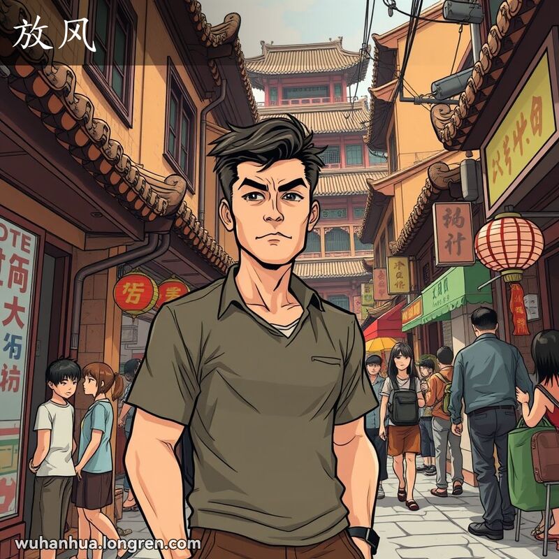 一位男子站在武汉老街巷口放风，背景是繁忙的街道