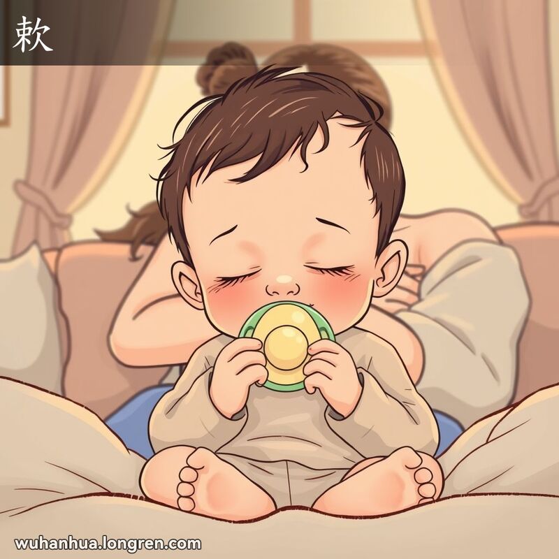 一个婴儿在吮吸奶嘴，母亲抱着孩子，背景是温馨的家庭环境
