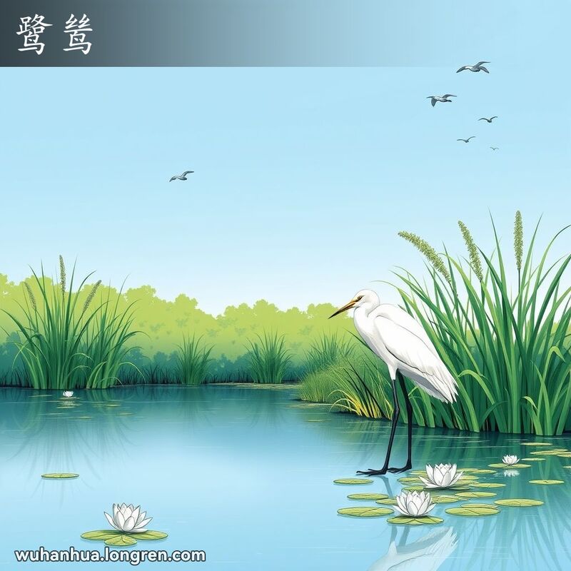 一只白鹭站在宁静的湖水中，展示了其白色羽毛和长腿的特征，背景是绿意盎然的湖景