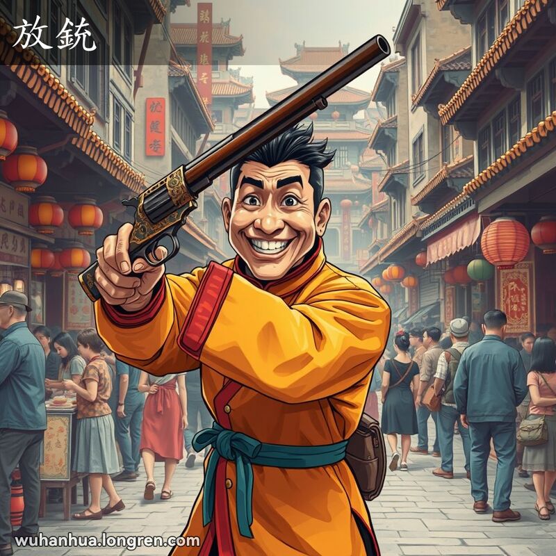一位身穿传统服装的男子在武汉老街上随意瞄准火铳，脸上带着鲁莽的表情，背景是老式建筑和市场摊位