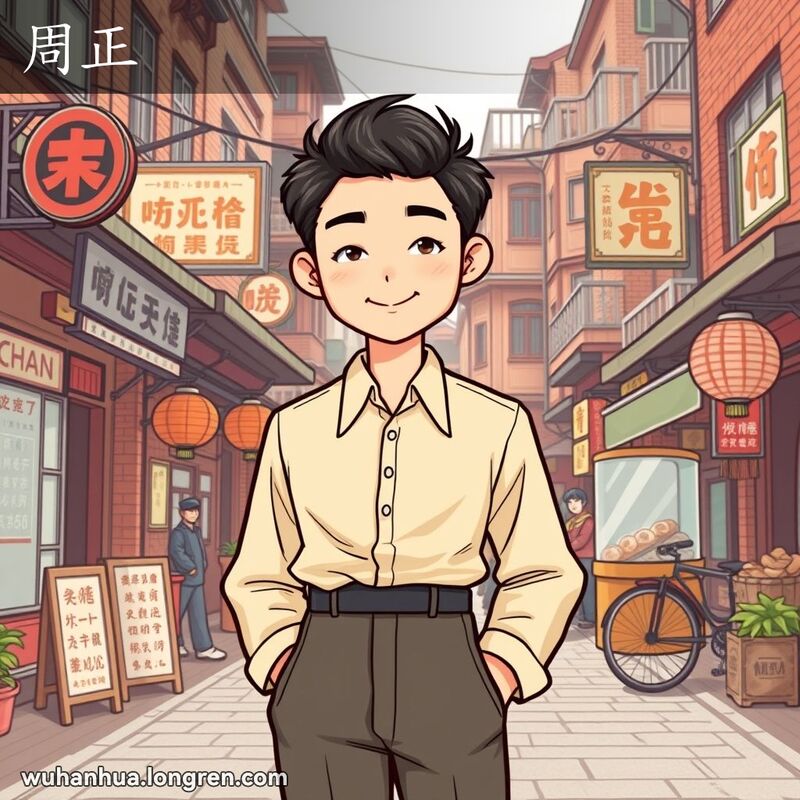 一位武汉年轻人穿着整齐、干净的衣服，站在武汉老街景前，显得自信满满，表现出“周正”的意思。