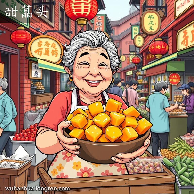一位老奶奶在武汉街头摊位前，手持一碗甜蕌头，背景是热闹的老街市场