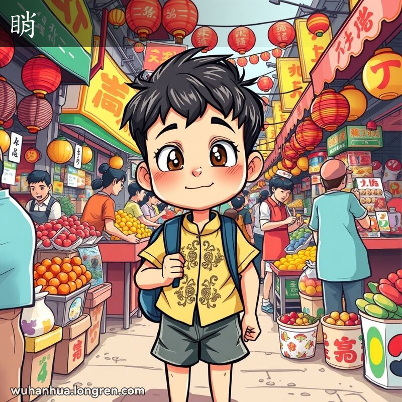 一位好奇的小男孩在武汉街头市场中四处张望，背景是热闹的市场摊位和忙碌的人群