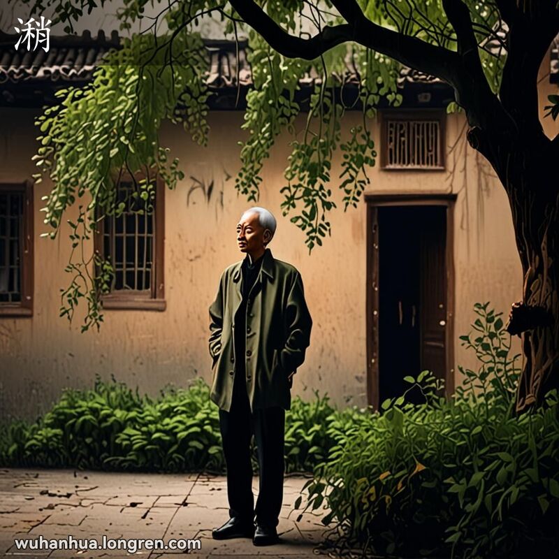一位武汉市民站在院落中，捂着脖子感受寒风，背景是干裂的地面和微风吹动的树叶