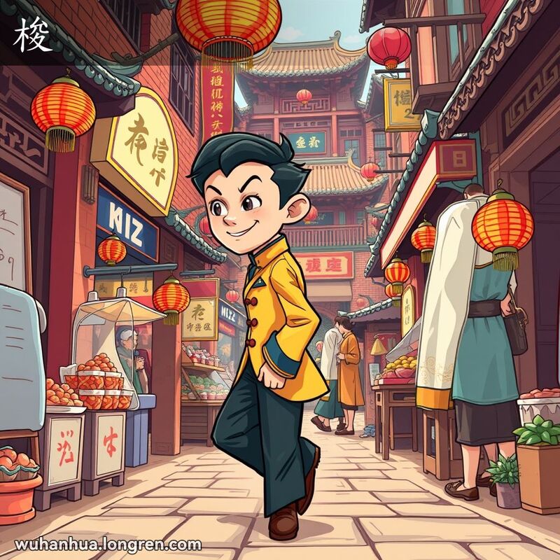 一个人在武汉老街市场中偷偷溜走，背景有小摊贩和传统建筑