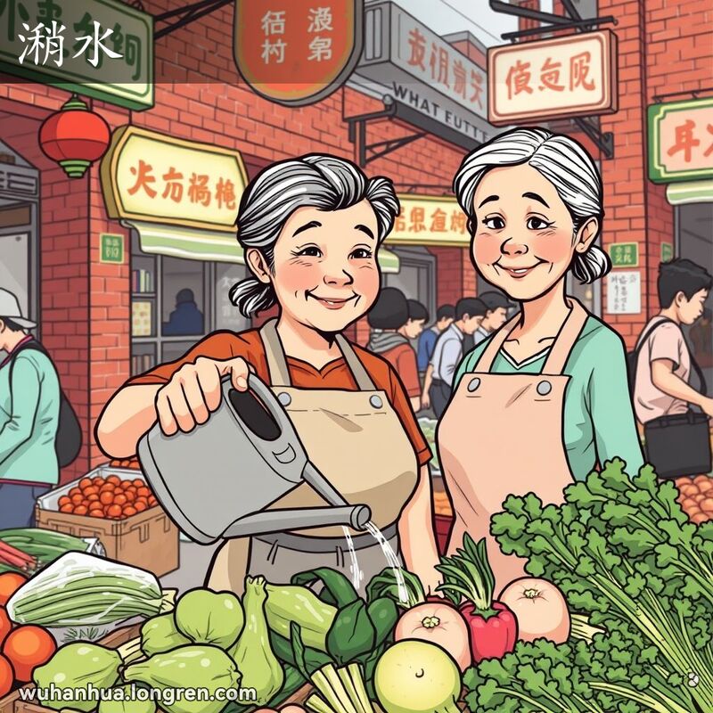 一位中年妇女在武汉街边市场用淘米水均匀地洒在新鲜蔬菜上，背景是热闹的市场景象。