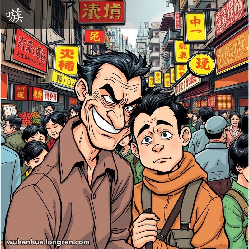 一位狡猾的男子在武汉街头市场中对另一人耳语，试图挑唆对方闹事，背景是热闹的市场