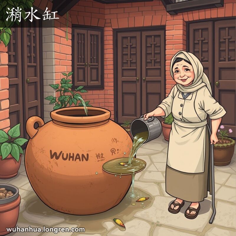 一个武汉院落，角落里放着一个大陶缸，缸里装满了洗菜和淘米后的剩水，水面上漂浮着一些菜叶。一位中年妇女穿着围裙，正在往缸里倒水。