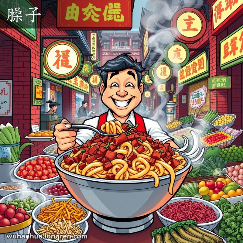 武汉街头市场，摊贩微笑着准备服务一碗热气腾腾的面条，上面覆盖着丰富的肉末，背景是红砖墙和五彩招牌。