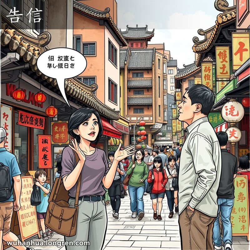 一位武汉女子在街头向另一位市民传达信息，背景是繁忙的武汉老街景