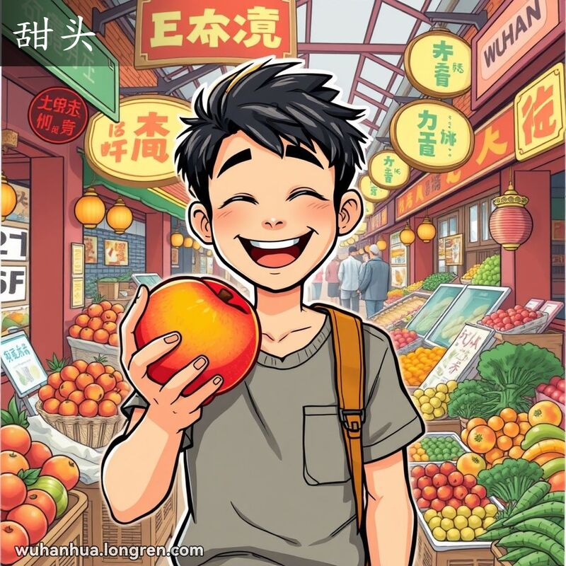 一位武汉年轻人在市场中吃桃子，享受甜美滋味，背景是热闹的市场摊位