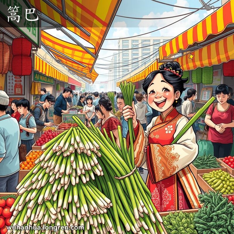 武汉市场摊位上摆满新鲜的茭白，一位妇女手持茭白微笑展示，背景有其他摊贩和顾客