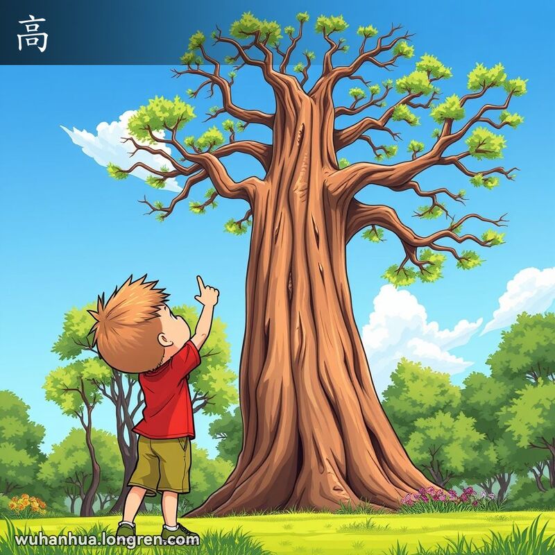 一棵高大的老树耸立在公园中，一个小男孩仰望着树，背景是晴朗的蓝天和绿意盎然的公园。