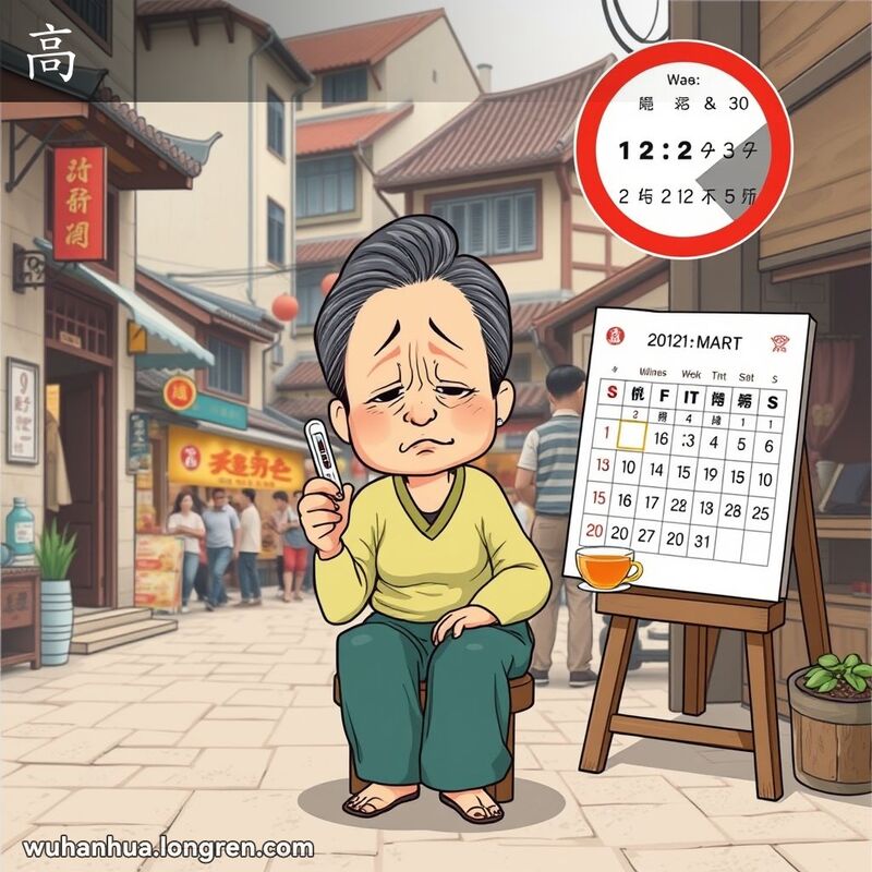 一位中年妇女坐在武汉老街的家门口，手持体温计和草药茶，面露疲惫和担忧，背景中的日历标记了长时间的病期