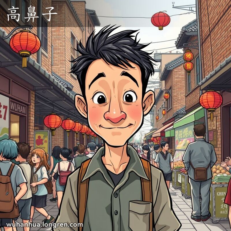 一位武汉市民站在老街上，鼻子高挺突出，背景是传统建筑和热闹市场