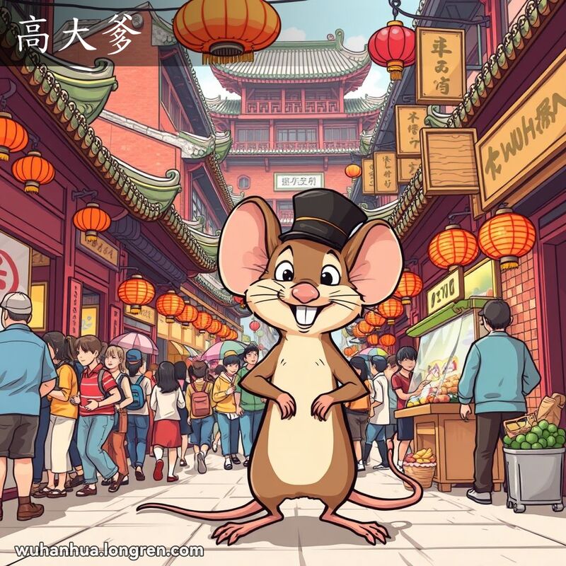 一只站立的老鼠，戴着小帽子，露出调皮的笑容，背景是武汉老街景