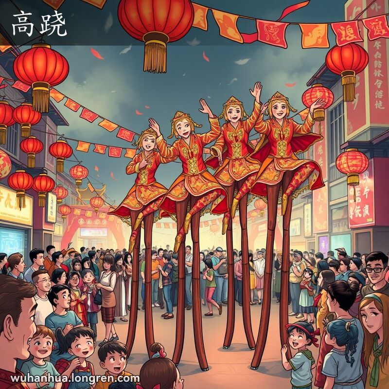 武汉街头高跷表演，表演者穿着传统服装，站在高高的木棍上，边走边舞，观众兴奋观看。