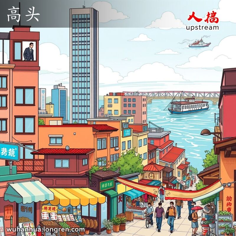 武汉街景，现代高楼和传统市场，楼顶西装男子，长江和逆流而上的船只，象征高处位置和上级概念